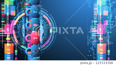 Digital cybersecurity concept with padlocks symbolizing data protection and security. Vector technology background. 125314166