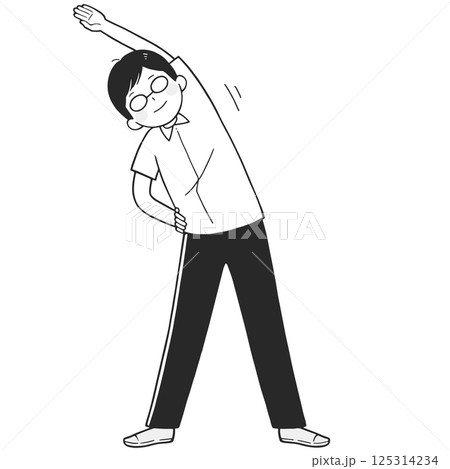 ラジオ体操する元気な男性のモノクロイラスト 125314234