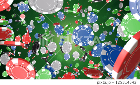 周囲に散らばるカジノチップ - グリーン背景 周囲に散らばるカジノチップ - グリーン背景 125314342