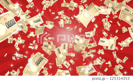 周囲に散らばる紙幣 - レッド背景 125314353