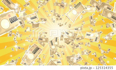 周囲に散らばる紙幣 - イエロー背景 周囲に散らばる紙幣 - イエロー背景 125314355