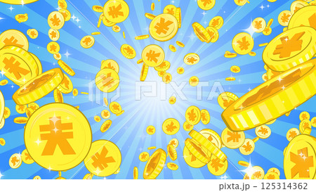 周囲に散らばる円硬貨 - ブルー背景 周囲に散らばる円硬貨 - ブルー背景 125314362