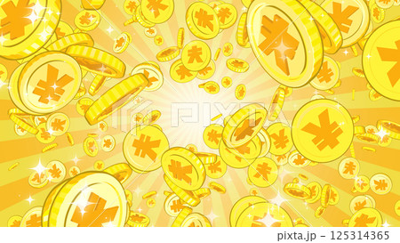 周囲に散らばる円硬貨 - イエロー背景 125314365