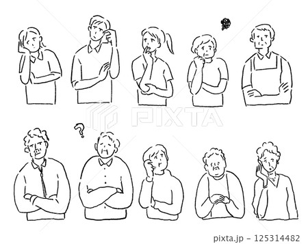 介護、福祉系のお仕事（困った顔の人たち）.線画 125314482