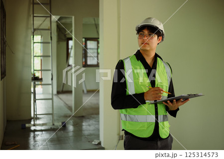 Construction supervisor evaluating site progress and noting observations during walkthrough Construction supervisor evaluating site progress and noting observations during walkthrough 125314573