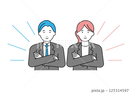 腕組みをするスーツを着た若い男性と女性のイラスト 腕組みをするスーツを着た若い男性と女性のイラスト 125314597