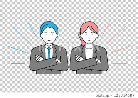 Illustration of a young man and woman in a suit with their arms crossed 125314597