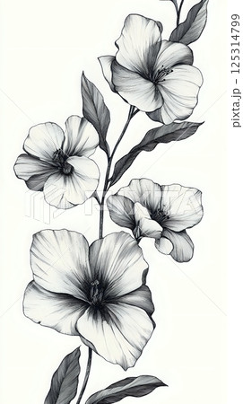 Monochrome floral clip art captures delicate blossoms in fine detail 125314799