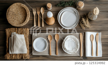 Meticulously arranged eco-friendly kitchenware on rustic wooden table 125314992