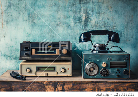 Vintage cassette player, rotary phone, and radio against textured backdrop 125315213