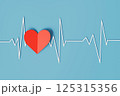 White heartbeat line with red heart shape on blue background. 125315356