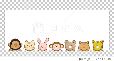 Hand-drawn style cute animal frame with faces peeking out 125315830