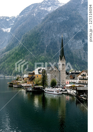 Hallstatt Church By Alpine Mountain Lake Hallstatt Church By Alpine Mountain Lake 125316094