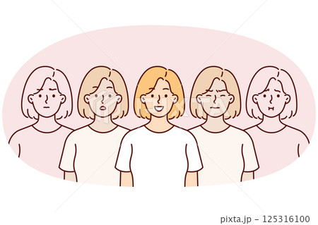 Woman in great mood stands among doubles who are depressed due to stress or depression 125316100