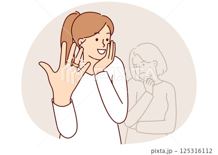 Woman feels delight showing wedding ring on finger after marriage proposal from boyfriend 125316112