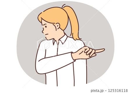 Offended woman turning away and pointing finger aside after insults or toxic remarks at work 125316118