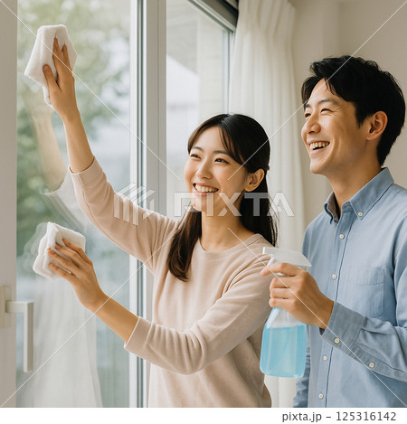 窓掃除を楽しむ夫婦 スプレーと布巾で協力する掃除中のカップル 窓掃除を楽しむ夫婦 スプレーと布巾で協力する掃除中のカップル 125316142