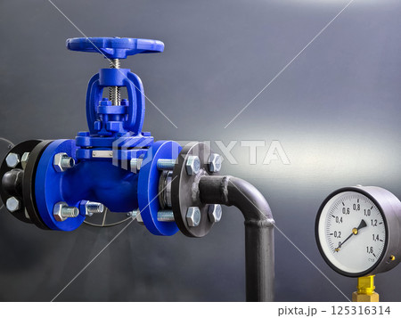 Industrial valve with pressure gauge located in a factory setting showing operational status and functionality Industrial valve with pressure gauge located in a factory setting showing operational status and functionality 125316314
