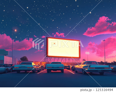 Classic drive-in movie theater with vintage cars, a glowing screen, and stars in the night sky, reimagined for today Classic drive-in movie theater with vintage cars, a glowing screen, and stars in the night sky, reimagined for today 125316494