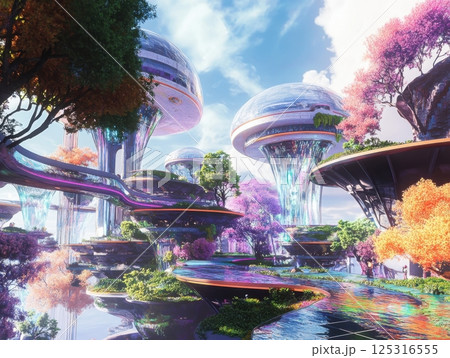 Playful virtual world blending nature, gaming, and futuristic technology elements 125316555