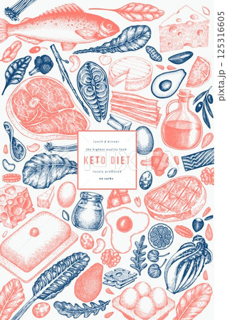 Keto Diet Design Template. Vector Hand Drawn Healthy Food Banner. Vintage Style Ketogenic Menu Illustration. Keto Diet Design Template. Vector Hand Drawn Healthy Food Banner. Vintage Style Ketogenic Menu Illustration. 125316605