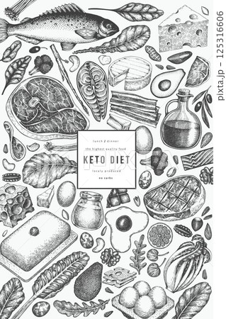 Keto Diet Design Template. Vector Hand Drawn Healthy Food Banner. Vintage Style Ketogenic Menu Illustration. Keto Diet Design Template. Vector Hand Drawn Healthy Food Banner. Vintage Style Ketogenic Menu Illustration. 125316606