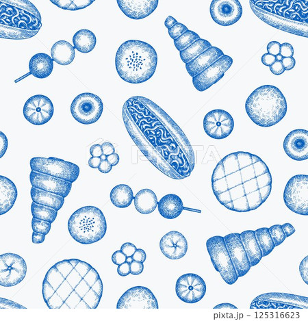 Japanese Cuisine Vector Seamless Pattern. Asian Desserts Hand Drawn Background. Retro Japan Traditional Food Illustration. 125316623