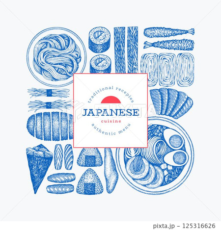Japanese Cuisine Vector Design Template. Asian Dishes Hand Drawn Background. Retro Japan Traditional Food Illustration. 125316626
