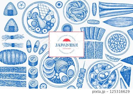 Japanese Cuisine Vector Design Template. Asian Dishes Hand Drawn Background. Retro Japan Traditional Food Illustration. 125316629