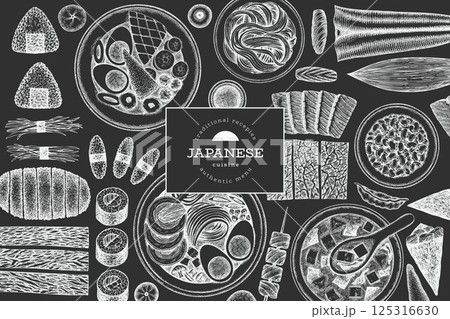 Japanese Cuisine Vector Design Template. Asian Dishes Chalk Board Hand Drawn Background. Retro Japan Traditional Food Illustration. 125316630