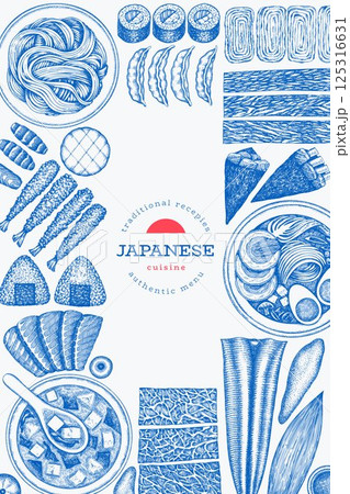 Japanese Cuisine Vector Design Template. Asian Dishes Hand Drawn Background. Retro Japan Traditional Food Illustration. 125316631