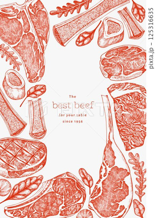 Butchery Shop Design Template. Vector Hand Drawn Meat Banner. Vintage Style Bar B Q Menu Illustration. Butchery Shop Design Template. Vector Hand Drawn Meat Banner. Vintage Style Bar B Q Menu Illustration. 125316635