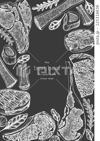Butchery Shop Chalk Board Design Template. Vector Hand Drawn Meat Banner. Vintage Style Bar B Q Menu Illustration. 125316636