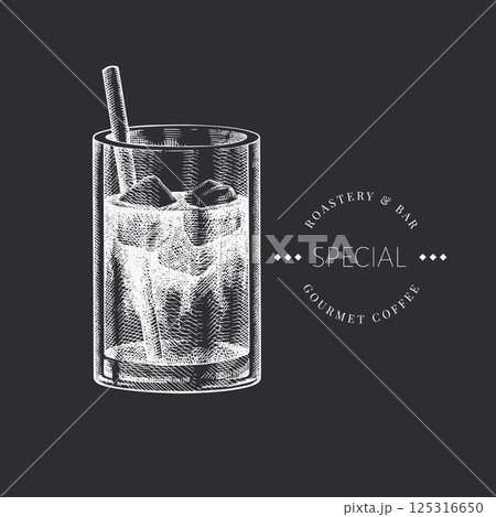 Coffee Cup Chalk Board Illustration. Vector Hand Drawn Isolated Espresso Tonic Glass. Vintage Style Beverage 125316650