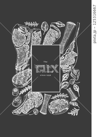 Butchery Shop Chalk Board Design Template. Vector Hand Drawn Meat Banner. Vintage Style Bar B Q Menu Illustration. Butchery Shop Chalk Board Design Template. Vector Hand Drawn Meat Banner. Vintage Style Bar B Q Menu Illustration. 125316667