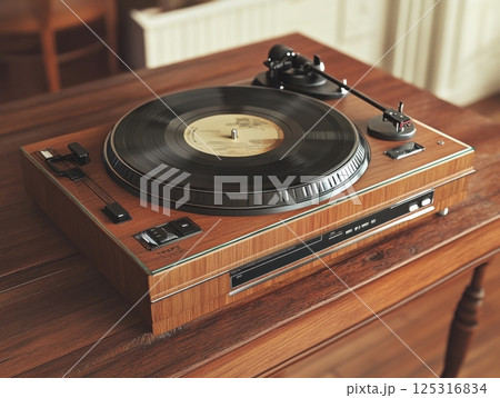 Fusion of 70s record player and modern streaming devices on vintage wood table 125316834