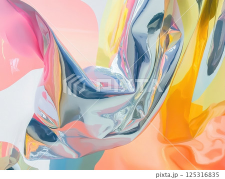 Layered abstract artwork with matte pastel tones and glossy reflective surfaces 125316835