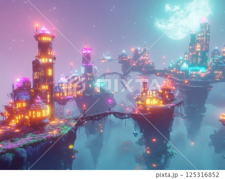 Mystical cityscape with floating structures and luminous pathways glowing in surreal atmosphere 125316852
