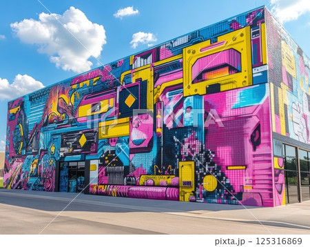 Vibrant urban mural reinterpreting 80s graffiti using modern themes 125316869
