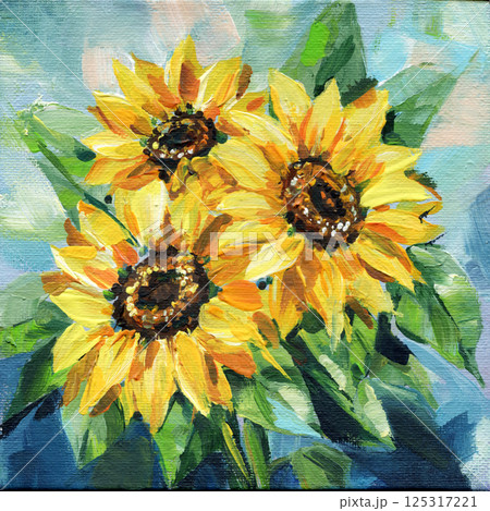 sunflowers acrylic painting closeup bright yellow flowers, leaves impressionist floral artwork hand painted on canvas 125317221