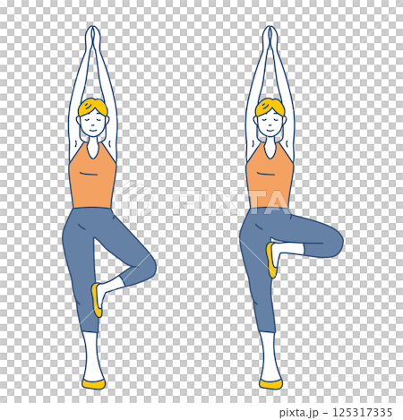 A simple illustration of a woman relaxing in the yoga tree pose 125317335