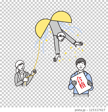 A simple illustration of a male high school student who is happy to pass the exam and his female and male teacher A simple illustration of a male high school student who is happy to pass the exam and his female and male teacher 125317427
