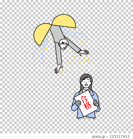 A simple illustration of a female high school student and her male teacher who are happy to pass the exam with a balloon 125317431