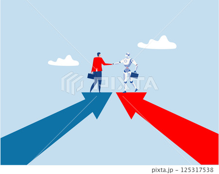 people with robot Cooperation partnership, work together for success, agreement businessmen handshake with robot on growth arrow joining connection agree to work together people with robot Cooperation partnership, work together for success, agreement businessmen handshake with robot on growth arrow joining connection agree to work together 125317538