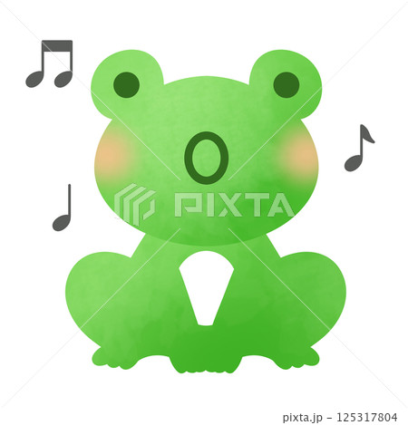 歌を唄う緑色のカエルと音符のイラスト 125317804