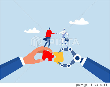 people with robot Cooperation partnership, work together for success, agreement or negotiation, businessmen handshake with robot on growth arrow joining connection agree to work together 125318011