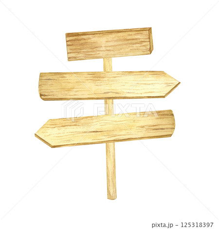 Three-arrow wooden sign watercolor illustration with weathered wood details. Great for wayfinding graphics, rustic wedding decor, childrens book illustrations, and digital crafts 125318397