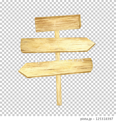 Three-arrow wooden sign watercolor illustration with weathered wood details. Great for wayfinding graphics, rustic wedding decor, childrens book illustrations, and digital crafts 125318397
