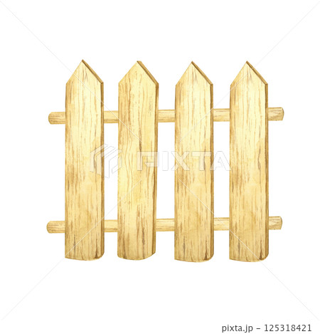 Hand-painted wooden picket fence watercolor illustration in natural wood hues. Suitable for rural landscape compositions, home decor prints, and digital scrapbooking elements Hand-painted wooden picket fence watercolor illustration in natural wood hues. Suitable for rural landscape compositions, home decor prints, and digital scrapbooking elements 125318421