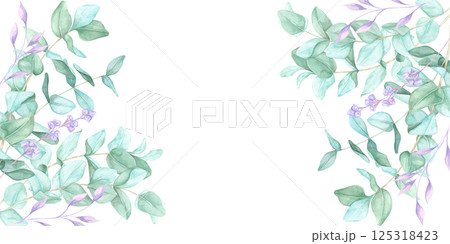 Hand-painted eucalyptus branches with hints of purple form a stylish watercolor clipart frame. Use this banner for social media posts, website decor, invitations, and eco-friendly merchandise Hand-painted eucalyptus branches with hints of purple form a stylish watercolor clipart frame. Use this banner for social media posts, website decor, invitations, and eco-friendly merchandise 125318423
